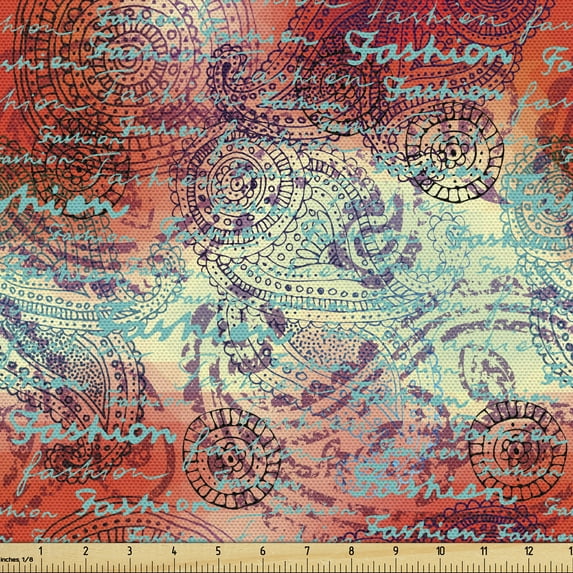 Ambesonne Ethnic Fabric by the Yard Upholstery, Grunge Paisley, 1 Yard, Turquoise Orange Black