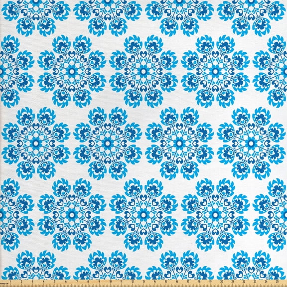 Ambesonne Ethnic Fabric by the Yard Upholstery, Polish Flower Pattern, 5 Yards, Blue and Dark Blue