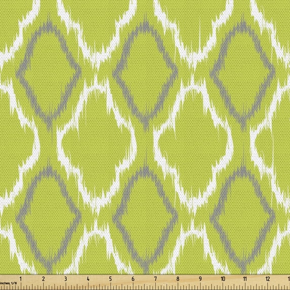 Ethnic Fabric by the Yard Upholstery, Repetition with Lattice Ornament Natural Organic Tone Soft Illustration, Decorative Fabric for DIY and Home Accents, Yellow Green Grey by Ambesonne