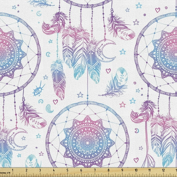 Ambesonne Ethnic Fabric by the Yard Upholstery, Mandala Center Dreamcatchers, 3 Yards, White Sky Blue and Pink