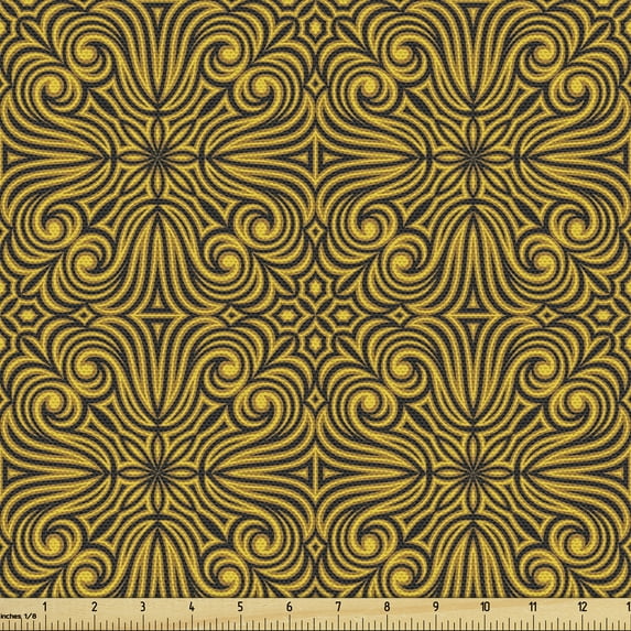 Ambesonne Ethnic Fabric by the Yard Upholstery, Victorian Royal Classical, 2 Yards, Earth Yellow and Black