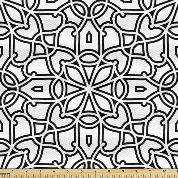Ethnic Fabric by the Yard, Vintage Style Boho Culture Pattern with Curves Lace Effects Ornamental, Upholstery Fabric for Dining Chairs Home Decor Accents, Black White by Ambesonne