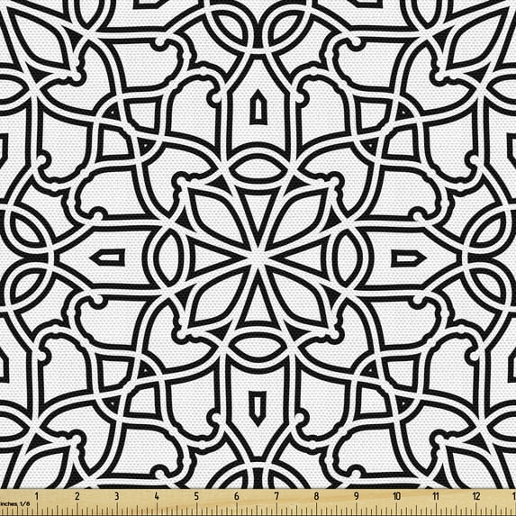 Ethnic Fabric by the Yard, Vintage Style Boho Culture Pattern with Curves Lace Effects Ornamental, Upholstery Fabric for Dining Chairs Home Decor Accents, Black White by Ambesonne