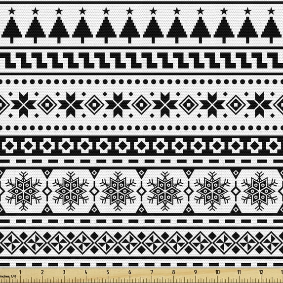 Ambesonne Ethnic Fabric by the Yard Upholstery, Tribal Snowflakes and Trees, 3 Yards, Charcoal Grey White