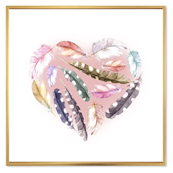 Ethnic Feather In Heart Shape 16 in x 16 in Framed Painting Canvas Art Print, by Designart