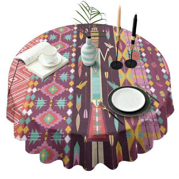 Ethnic Figure and Pattern Round Tablecloth 60"x60",Wrinkle Wipeable Table Cloth for Kitchen Dining Room Picnic Patio Party