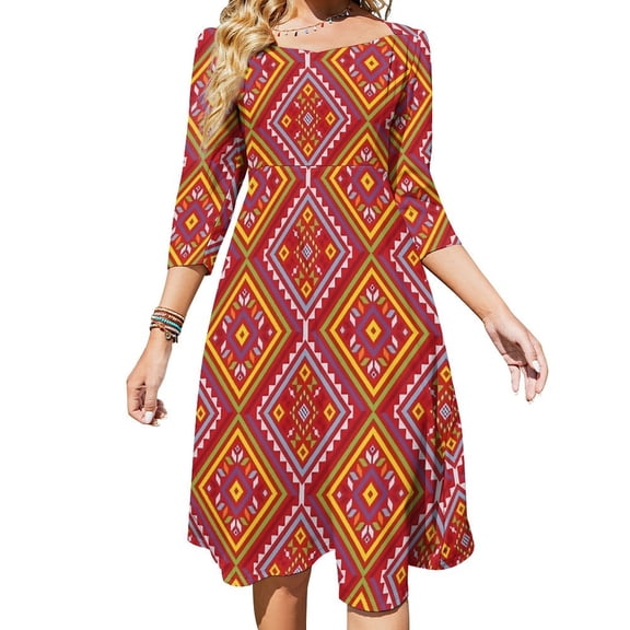 Ethnic Filipino Tribal Pattern Flare Dress Square Neck Dress Elegant Female Fashion Printed Dress