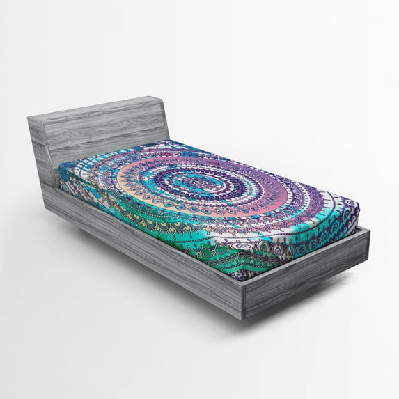 Ambesonne Ethnic Fitted Sheet, Mandala Eastern, Twin Size, Lilac and Blue