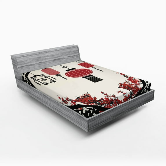 Ethnic Fitted Sheet, East Folk Art with Japanese Sakura Cherry Blossom Trees Round Ornate Graphic, Decorative Soft Bedding All-round Elastic Pocket, King Size, Beige Black Red, by Ambesonne