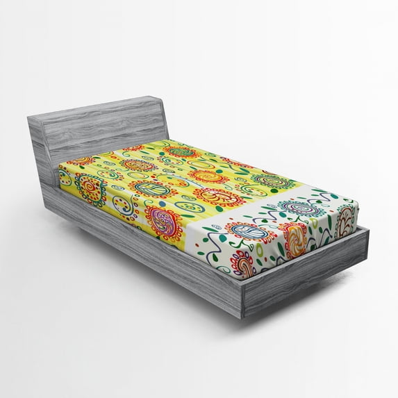 Ethnic Fitted Sheet, Floral Flower Oriental Design with Circles Dots Leaves Abstract Artwork Image Print, Soft Decorative Fabric Bedding, Twin Size, Multicolor, by Ambesonne