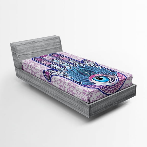 Ethnic Fitted Sheet, Oriental Mystical Hand with Eyes and Floral Swirling Ornaments Mehndi, Soft Decorative Fabric Bedding, Twin XL Size, Multicolor, by Ambesonne