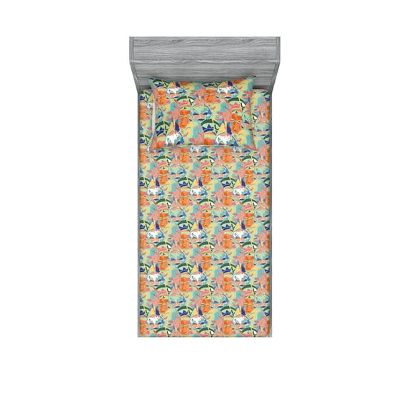 Ethnic Fitted Sheet & Pillow Sham Set, Abstract Colorful Jumble Artwork of Surreal Faces Drawing in Modern Style Print, Decorative Printed 2 Piece Bedding Decor, Twin, Multicolor, by Ambesonne