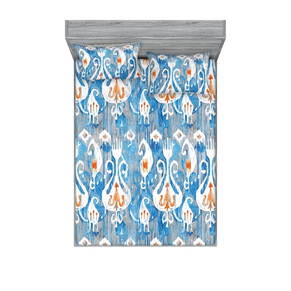 Ethnic Fitted Sheet & Pillow Sham Set, Folk Art Themed Pattern of Ikat Pattern Floral Details Bohemian Motif, Decorative Printed 3 Piece Bedding Decor, Queen, Sky Blue Orange and White, by Ambesonne