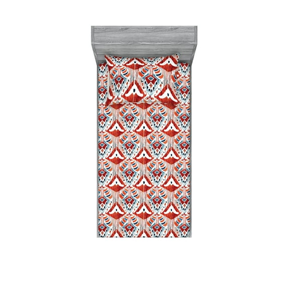 Ethnic Fitted Sheet & Pillow Sham Set, Ikat Style Watercolor Design Ornaments with Bohemian Influences, Decorative Printed 2 Piece Bedding Decor, Twinxl, Vermilion Sea Blue and White, by Ambesonne