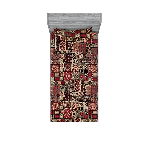 Ethnic Fitted Sheet & Pillow Sham Set, Oriental Traditional Style Floral Drawing Forms Geometric Themed Print, Decorative Printed 2 Piece Bedding Decor, Twin, Raspberry Beige Black, by Ambesonne
