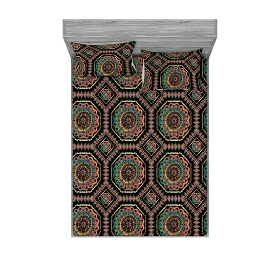 Ethnic Fitted Sheet & Pillow Sham Set, Traditional Style Blossom Inspired Chevron Pattern on Darkened Backdrop, Decorative Printed 3 Piece Bedding Decor, Queen, Black Pale Orange Rose, by Ambesonne