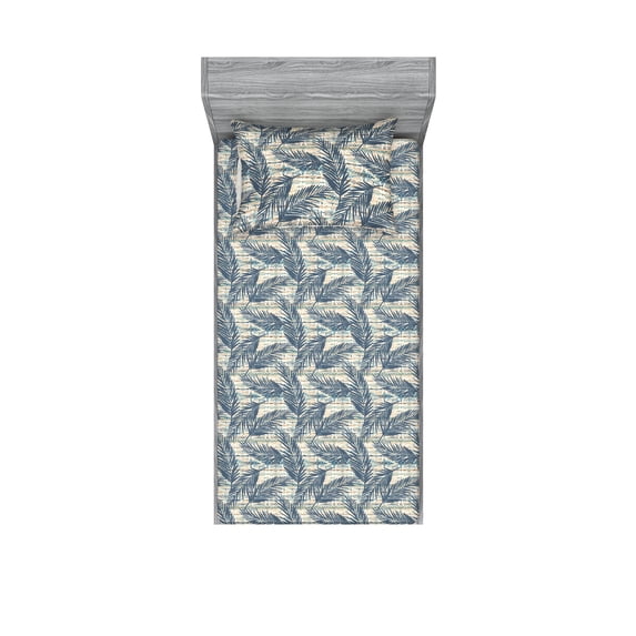 Ethnic Fitted Sheet & Pillow Sham Set, Tropical Theme Leaf Silhouette Pattern on Traditional Designed Backdrop Print, Decorative Printed 2 Piece Bedding Decor, Twin, Slate Blue Ivory, by Ambesonne