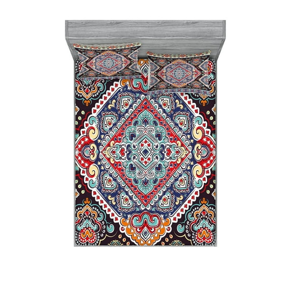 Ethnic Fitted Sheet & Pillow Sham Set, Vibrant Vintage Framework Bohemian Curvy Ornate Borders Symmetric Cultural Colorful, Decorative 6 Piece Bedding Decor Set, Queen, Multicolor, by Ambesonne