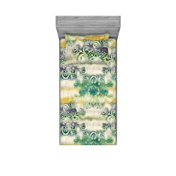 Ethnic Fitted Sheet & Pillow Sham Set, Watercolor Folk Floral Ornament Tie Dye Look on Creamy Neutral Backdrop, Decorative Printed 2 Piece Bedding Decor, Twinxl, Jade Green Plum Mustard, by Ambesonne