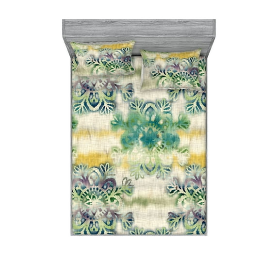 Ethnic Fitted Sheet & Pillow Sham Set, Watercolor Folk Floral Ornament Tie Dye Look on Creamy Neutral Backdrop, Decorative Printed 3 Piece Bedding Decor, Queen, Jade Green Plum Mustard, by Ambesonne
