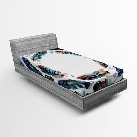 Ambesonne Concentric Fitted Sheet, Boho Gypsy Feather, Twin XL Size, Purple Teal