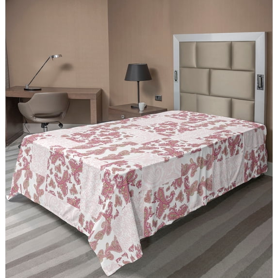 Ambesonne Ethnic Flat Bedding Sheet Soft Top Sheet, Minimalistic Pink Paisley, Twin, Dried Rose and Pale Ruby