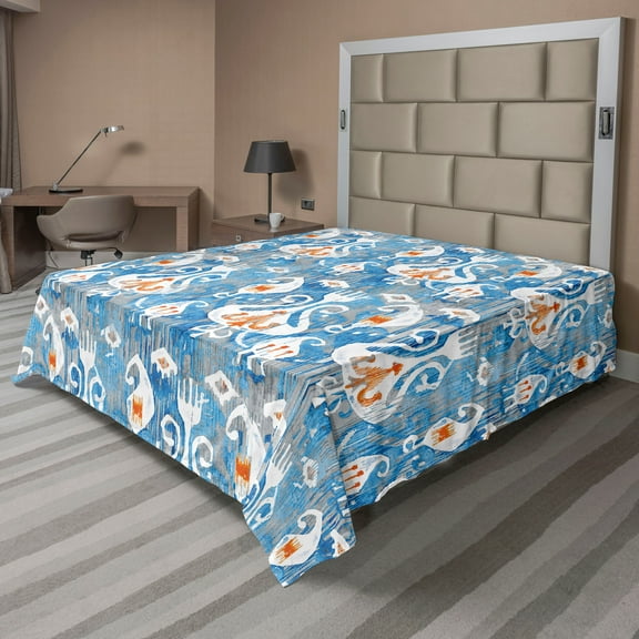 Ambesonne Ethnic Flat Bedding Sheet Soft Top Sheet, Folk Art Ikat Pattern Floral, Full, Sky Blue Orange and White