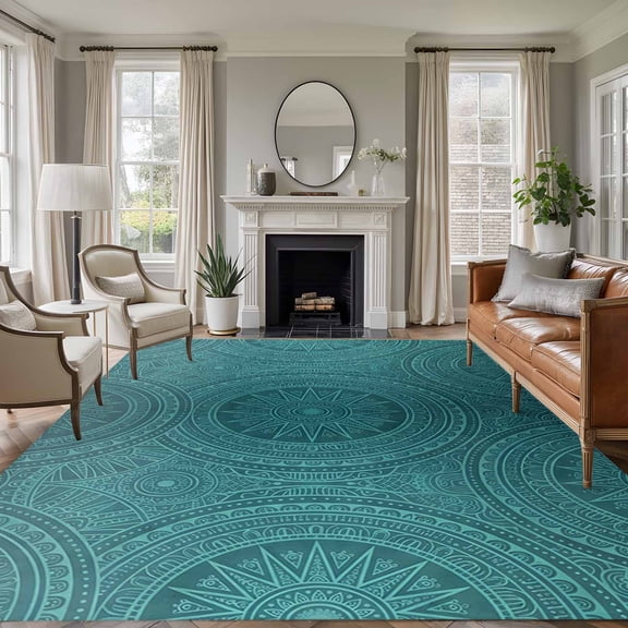 Ethnic Floral Area Rugs 8'x10', Washable Small Throw Rugs for Living Room Patio, Aqua Teal Vintage Tribe Abstract Indoor Outdoor Rug Non-Slip Low Pile Carpet Runner Reversible Floor Mats