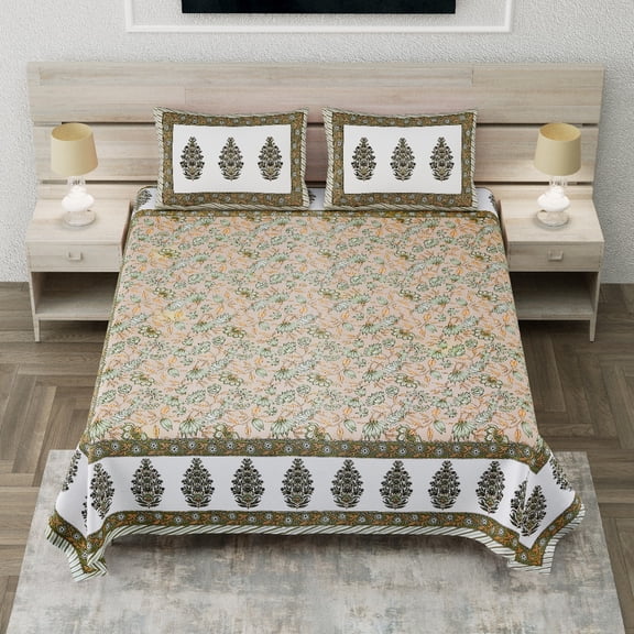 Ethnic Floral Indian Cotton Bedspread King Size Bedding Set with Pillow Shams(ACSHJK_1004_PE)