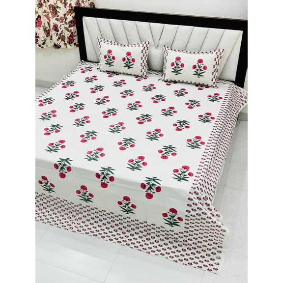 Ethnic Floral Indian Cotton Bedspread Oversized Queen Bedding Set with Pillow Shams(ARBCA_1390_WH)