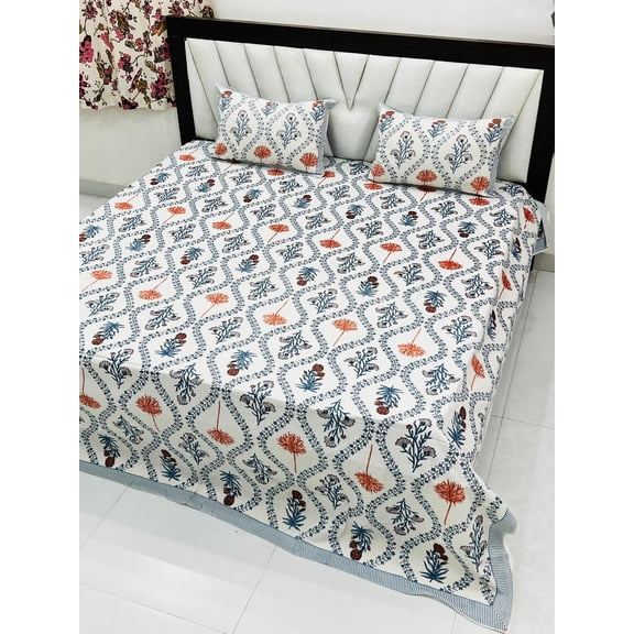 Ethnic Floral Indian Cotton Bedspread Oversized Queen Bedding Set with Pillow Shams(ARBCA_1409_WH)