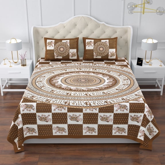 Ethnic Floral Indian Cotton Bedspread Queen Size Bedding Set with Pillow Shams(ACSHCVL_1002_GR)