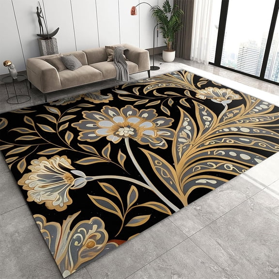 Ethnic Floral Pattern Area Rug, Black And Gold Floral Art Style Indoor Non-Slip Rugs, Machine Washable Breathable Easy Care Carpet For Living Room Bedroom Dinning Room 4x5ft