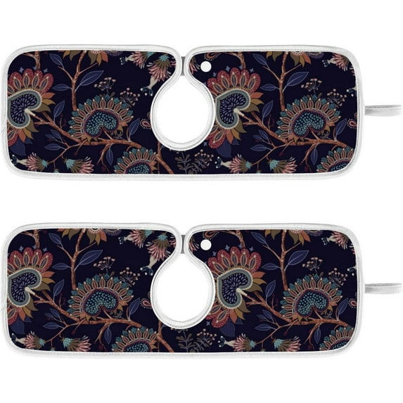 Ethnic Flower Damask Sink Splash Guard for Faucet 2 Packs Faucet Absorbent Mats, Floral Unique Retro Faucet Handle Drip Catcher Quickly Drying Mat for Kitchen Counter Bathroom RV, 23.6"x5.5"
