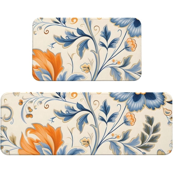 Ethnic Flower Leaves Kitchen Mats for Floor, Vintage Floral Kitchen Rug Runner Non-Slip Kitchen Mats and Rugs 2PCS Absorbent Standing Mats for Office Desk Sink
