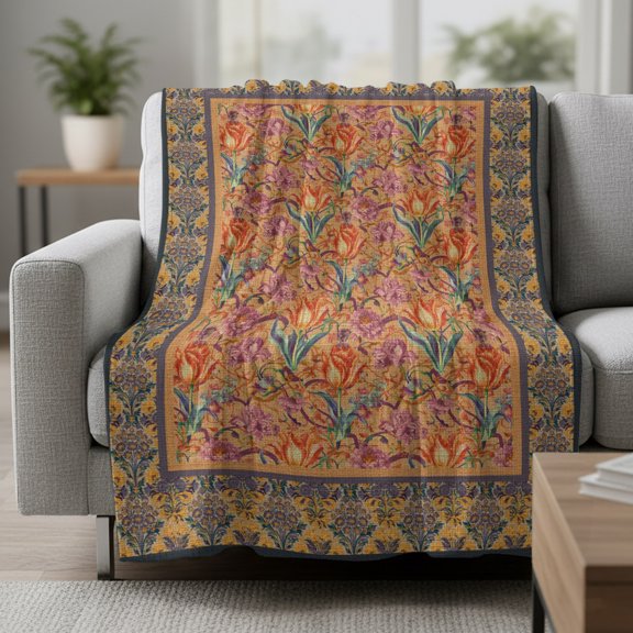 Ethnic Flowers Fleece Throw Blanket Abstract Red Purple Floral Brown Yellow Border Ultra Soft Fuzzy Cozy Flannel Throw Blanket for Couch Sofa Bed Car Travel, Ideal Gifts 30x40 Inches