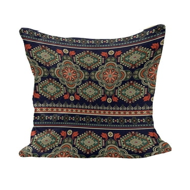 Ethnic Fluffy Throw Pillow Cushion Cover, Traditional Folkloric Motif with Floral and Geometric Shapes Image, Decorative Square Accent Pillow Case, 16" x 16", Indigo Scarlet, by Ambesonne
