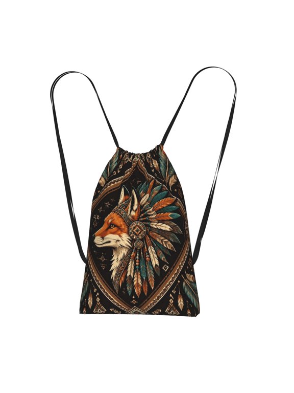 Ethnic Fox Pattern Illustration Packable Drawstring Backpack, Lightweight Foldable Cinch Storage Bag for Gym Travel Shopping