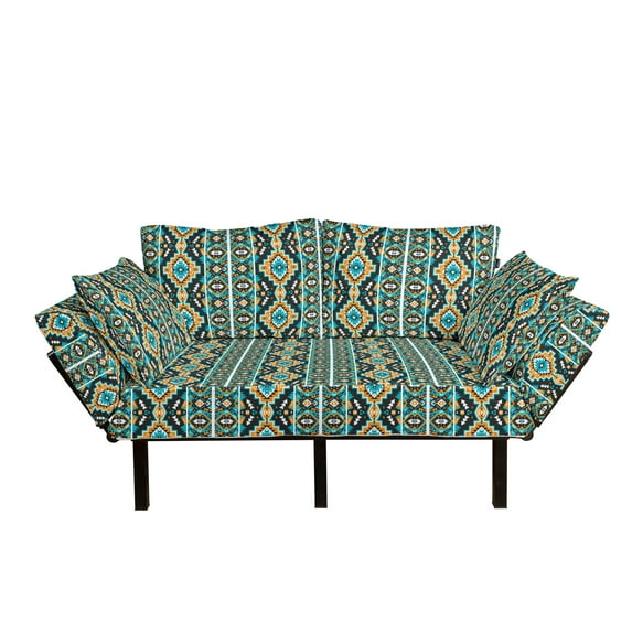 Ethnic Futon Couch, Indigenous Motifs Inspired by Mexican Culture Traditional Borders, Daybed with Metal Frame Upholstered Sofa for Living Dorm, Loveseat, Multicolor, by Ambesonne