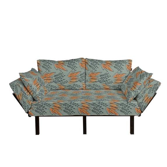 Ethnic Futon Couch, Sketched Grass and Herbs Hand Drawn Style Natural Nostalgic, Daybed with Metal Frame Upholstered Sofa for Living Dorm, Loveseat, Pale Reseda Green Grey, by Ambesonne