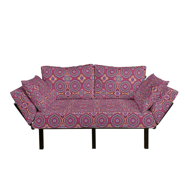 Ethnic Futon Couch, Traditional Pattern of Colorful Flowers Style