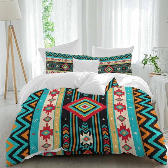 Ethnic Geometric Comforter Set Queen Size, Southwestern Teal and Orange Striped Chevrons Soft Bedding Set for Man Woman, 4 Pieces Duvet Cover Set with Fitted Sheet, 2 Pillowcases
