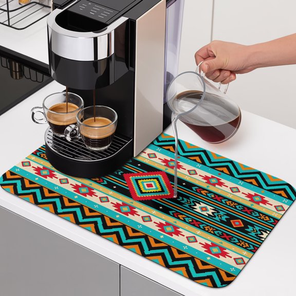Ethnic Geometric Dish Drying Mats for Kitchen Counter, Southwestern Teal and Orange Striped Chevrons Absorbent Coffee Bar Mat with Non-slip Rubber Backed Quick Drying Dish Rack Pad 12"x16"