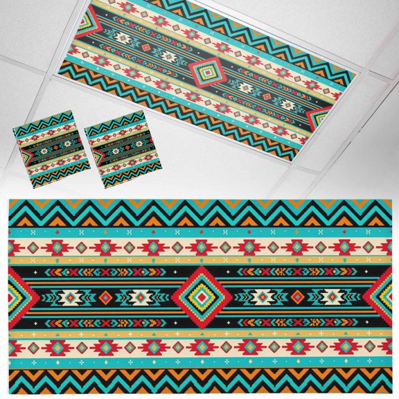 Ethnic Geometric Fluorescent Light Covers Southwestern Teal and Orange Striped Chevrons Magnetic Light Filters Ceiling Lighting Panel Shade for Classroom Office Home 2 x 4 ft, 2 Pack