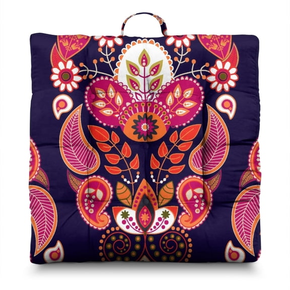 Ethnic Geometric Meditation Seat - Thick & Supportive Floor Sitting Cushion with Retro Paisley Pattern, 9-Point Stitched for Stability