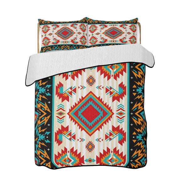 Ethnic Geometric Quilts Bedding Set California King Southwestern Argyle Stripe Red Teal Farmhouse Lightweight Quilted Bedspread 3 Piece Bed Quilt with 2 Pillow Shams All Season for Bedroom 96" x 106"