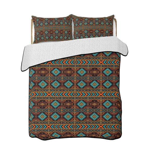 Ethnic Geometric Quilts Bedding Set Full Size Bohemian Teal Brown Tribal Argyle Striped Lightweight Quilted Bedspread 3 Piece Bed Quilt with 2 Pillow Shams All Season for Bedroom 68" x 98"