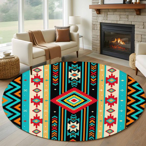 Ethnic Geometric Round Rugs for Living Room 6ft Southwestern Teal and Orange Striped Chevrons Non Slip Circle Rug Washable Low-Profile Indoor Carpet for Bedroom, Dining Room, Bathroom