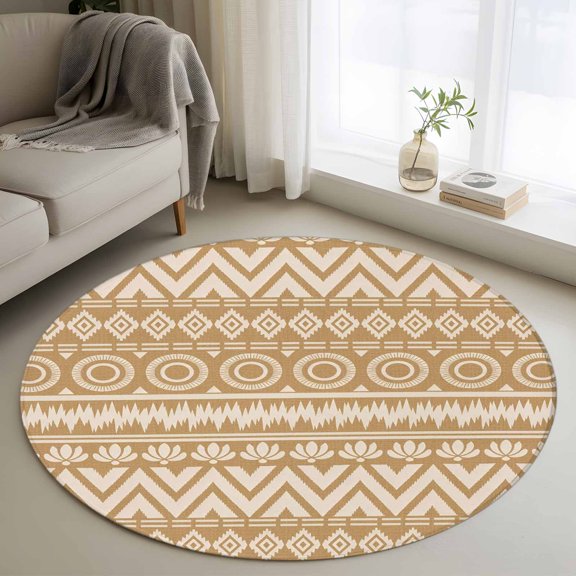 Ethnic Geometric Stripe 3FT Round Area Rug Southwestern Rhombus Zigzag Beige Soft Small Round Rugs Non-Slip, Ultra-Thin Washable Rug Low Pile Circle Carpet for Bedroom Kitchen Nursery