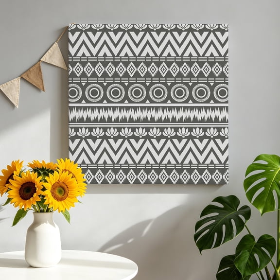 Ethnic Geometric Stripe Canvas Wall Art, Southwestern Rhombus Zigzag Gray Framed Canvas Wall Decor Picture Print Artwork Decorations for Living Room Office Ready to Hang 8" x 8"